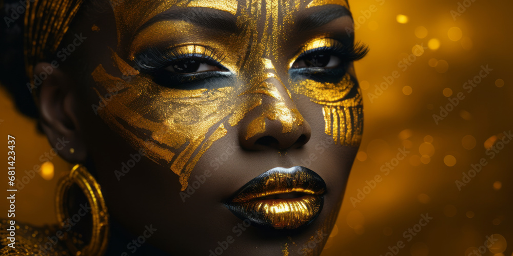 Beautiful black woman with golden makeup on her face, in the style of bio-art. Studio portrait high fashion, isolated background