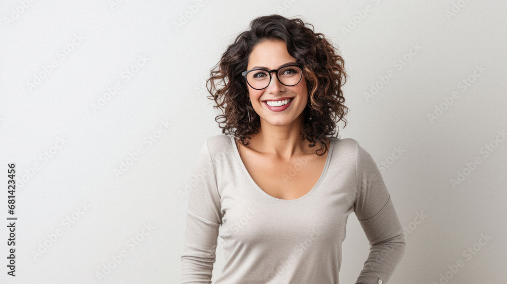 Portrait of a beautiful young woman with curly hair and glasses. Portrait of a beautiful young woman with curly hair and glasses.