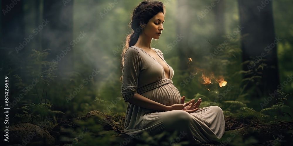 Happy pregnant women in lotus pose in the forest, practicing yoga meditation and mindfulness exercises until wellness and awareness. Relaxation Magic time - obrazy, fototapety, plakaty 