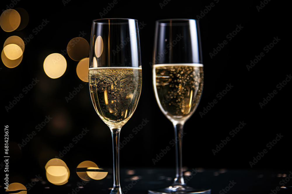 Glasses of champagne on against blurred background with festive bokeh. Christmas party celebration Glasses of champagne on against blurred background with festive bokeh. Christmas party celebration