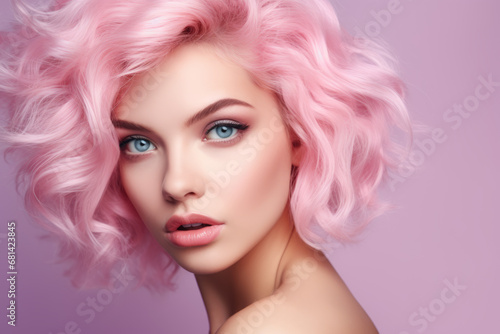 A beautiful blonde model in pink makeup,, in the style pop fashion, light pink, salon. Isolated studio background. Hair styling