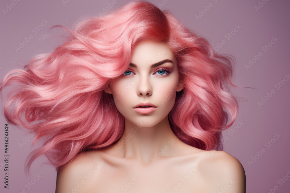 A beautiful blonde model in pink makeup,, in the style pop fashion, light pink, salon. Isolated studio background. Hair styling A beautiful blonde model in pink makeup,, in the style pop fashion, light pink, salon. Isolated studio background. Hair styling