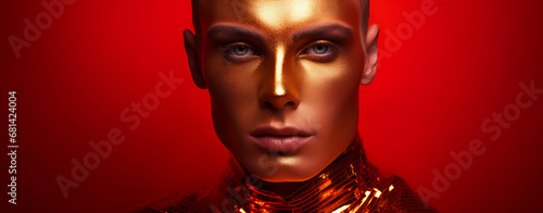 A beautiful man with golden makeup and a golden suit portrait of makeup for beauty photo shoot  in the style of futuristic pop  shiny  high gloss  monochromatic.