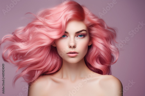 A beautiful blonde model in pink makeup   in the style pop fashion  light pink  salon. Isolated studio background. Hair styling