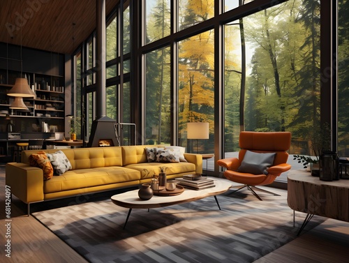 Mid-century loft home interior design of modern living room in house in forest. Generative AI © PSCL RDL