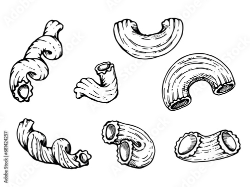 Hand drawn vector ink illustration. Pasta Italian cuisine elbows cavatappi gobetti cellentani. Set of single object elements isolated on white. For restaurant menu, food shop package, flyer, print.