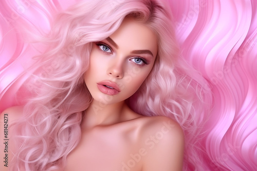 A beautiful blonde model in pink makeup,, in the style pop fashion, light pink, salon. Isolated studio background. Hair styling