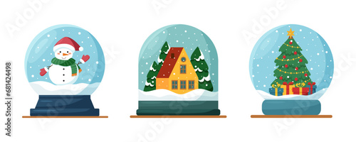 Set of snowballs with snowman, house and Christmas tree. Christmas decoration.