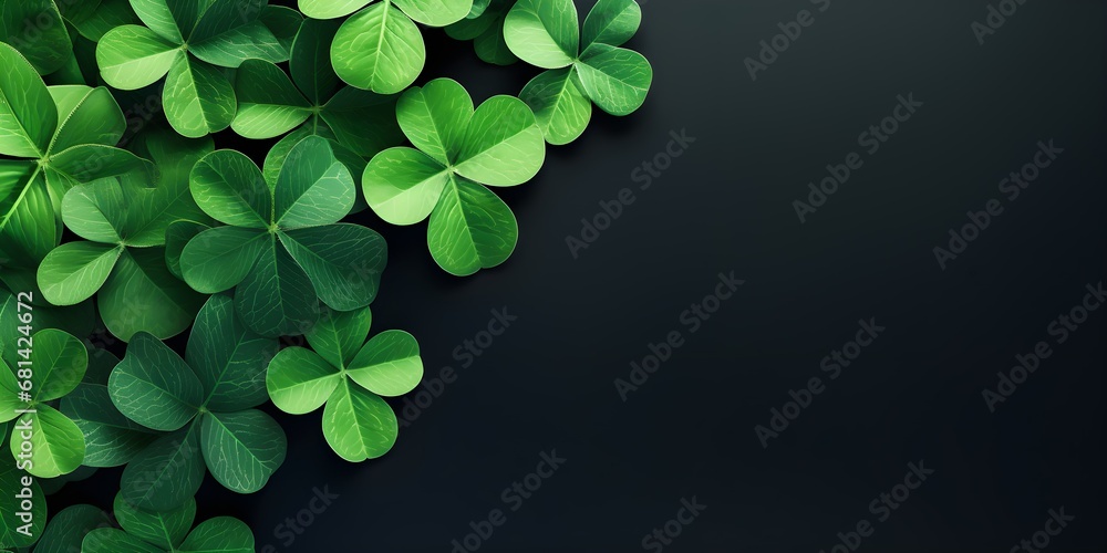 Green clover leaves on green background, copy space. Generative AI - obrazy, fototapety, plakaty 