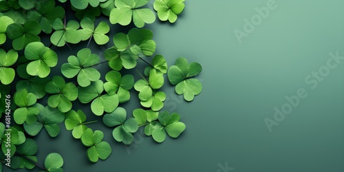 Green clover leaves on green background, copy space. Generative AI