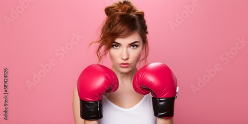 european girl with boxing glove on pink background, copy space. Generative AI © PSCL RDL