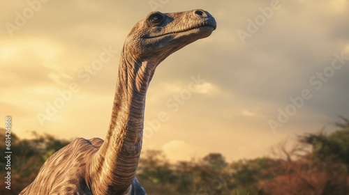 Portrait of Brachiosaurus against ancient forest background with space for text, AI generated, background image