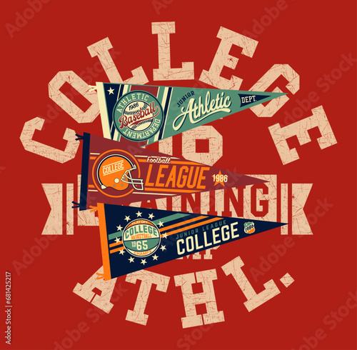 College sporting athletic department with baseball basketball football pennant flag abstract vintage vector artwork for kid boy t shirt with embroidery applique patches photo