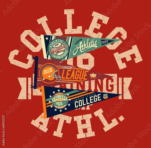 College sporting athletic department with baseball basketball football pennant flag abstract vintage vector artwork for kid boy t shirt with embroidery applique patches