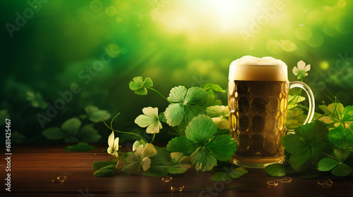 Saint Patrick green beer with cloves on dark background, panorama. Generative Ai. Saint Patrick green beer with cloves on dark background, panorama. Generative Ai.

