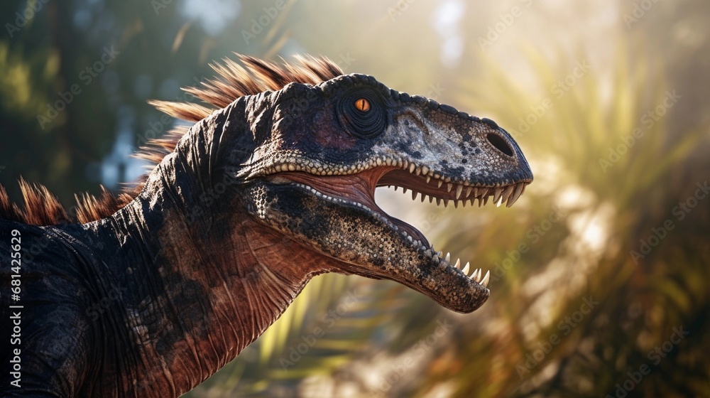 Portrait of Spinosaurus against ancient forest background with space for text, AI generated, background image Portrait of Spinosaurus against ancient forest background with space for text, AI generated, background image