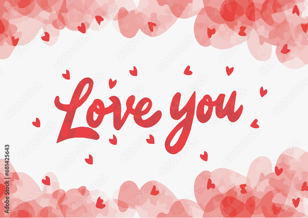 Illustration red text love you, heart shaped frame on white background, watercolor style Illustration red text love you, heart shaped frame on white background, watercolor style