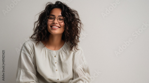 Portrait of a beautiful young woman with curly hair and glasses.