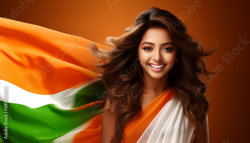 India women with flag of India background, independence day or republic day concept, Generative AI