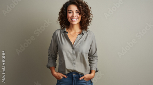 Portrait of a beautiful young woman with curly hair standing against grey background.