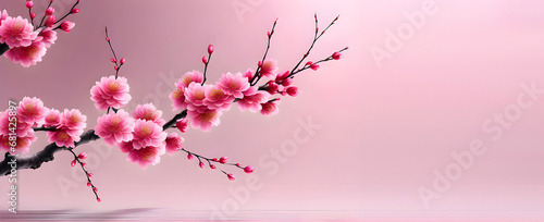 Branch of peach blossom on pink background, a background for China New Year and Lunar New Year.