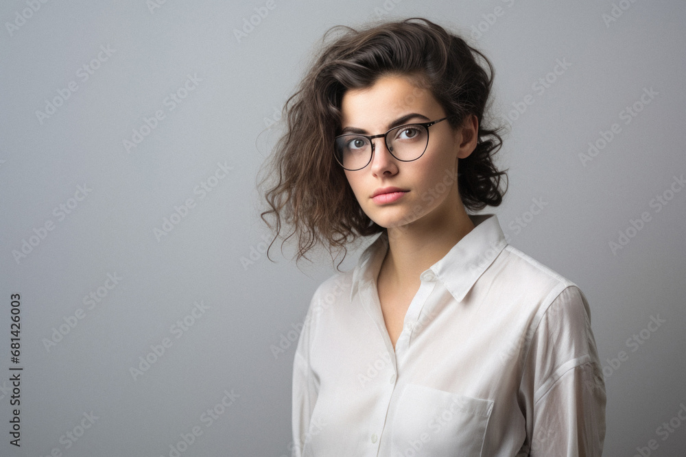 Portrait of a beautiful young woman in glasses on a gray background. Portrait of a beautiful young woman in glasses on a gray background.