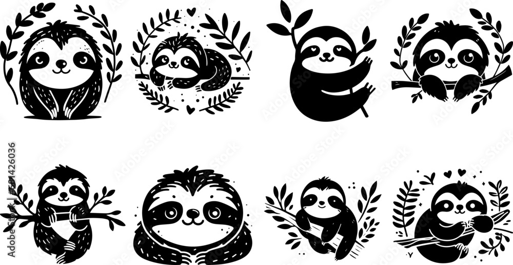 Cute Sloth Silhouette Vector Graphic Hand Drawn Design