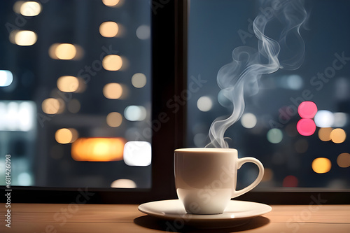 Coffee cup hot with smoking on smooth face wooden table on the light bokeh blurred background at night