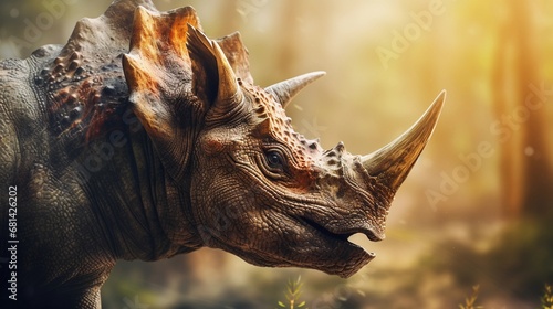 Portrait of Triceratops against ancient forest background with space for text, AI generated, background image