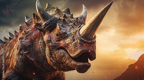 Portrait of Triceratops against ancient forest background with space for text  AI generated  background image