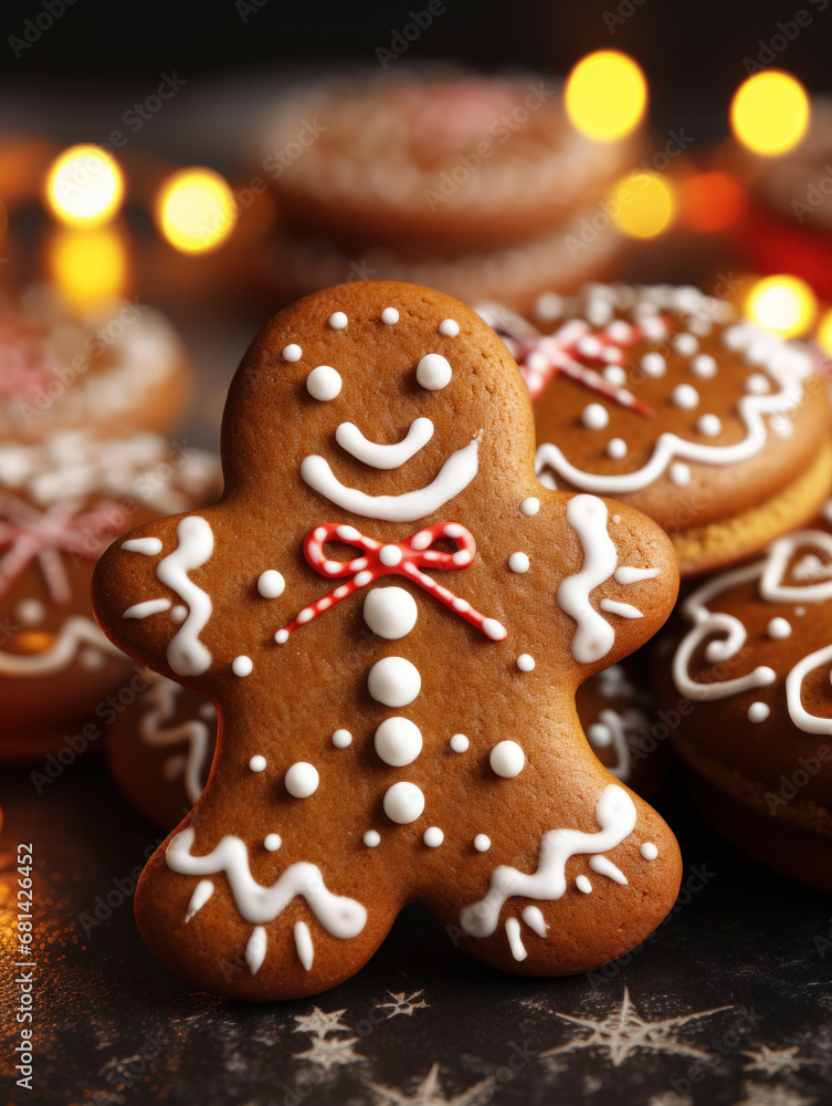 A gingerbread man cookie with icing details, festive setting. Conveys holiday cheer and homemade baking. A gingerbread man cookie with icing details, festive setting. Conveys holiday cheer and homemade baking.