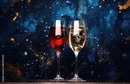 glasses to toast, in a blurred Christmas background