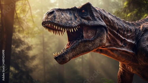Portrait of Tyrannosaurus-rex against ancient forest background with space for text, AI generated, background image © Hifzhan Graphics