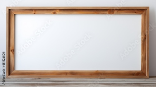 An empty wooden frame on a white wall  AI generated illustration