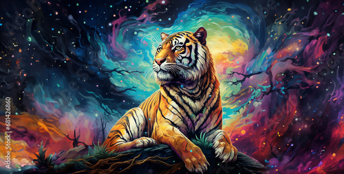 a sitting tiger with a lot of colours looking. Generative Ai content