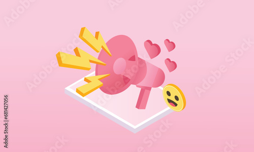 3d minimal megaphone speaker for announce romantic valentine composition. Valentine's Day decorative 3d objects, heart and love emoji sound icon.on pastel pink background.isometric vector design.