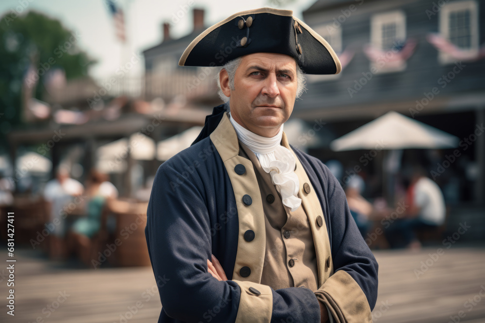 Portrait of a man dressed like George Washington the first US president with American town in background - obrazy, fototapety, plakaty 