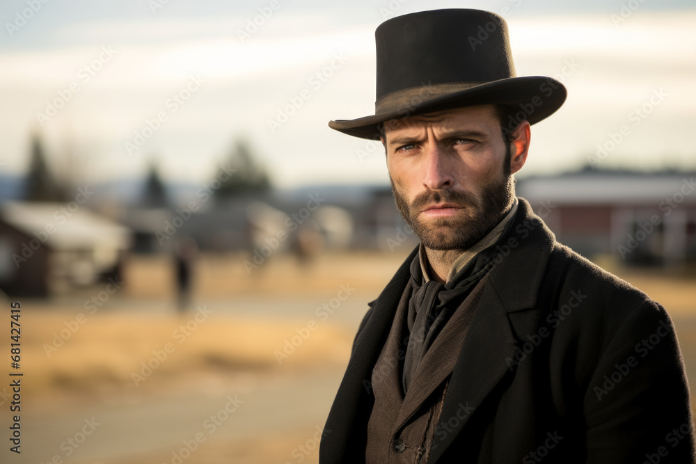 Portrait of a man dressed like Jesse James the legendary US robber and outlaw with American town in background Portrait of a man dressed like Jesse James the legendary US robber and outlaw with American town in background