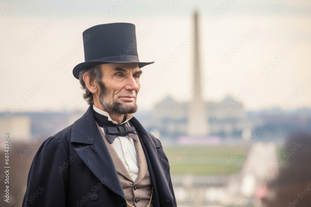 Portrait of a man dressed like Abraham Lincoln the former president with American city in background Portrait of a man dressed like Abraham Lincoln the former president with American city in background