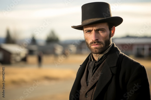 Portrait of a man dressed like Jesse James the legendary US robber and outlaw with American town in background