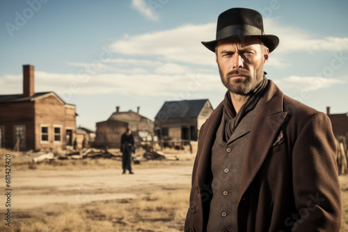 Portrait of a man dressed like Jesse James the legendary US robber and outlaw with American town in background photo