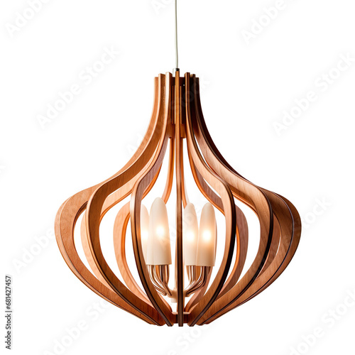 Front view  Scandinavian Wooden chandelier isolated on a white transparent background