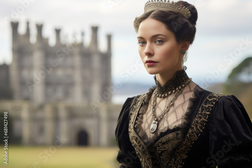 Portrait of a woman dressed like Queen Victoria the former British monarch in front a an English castle