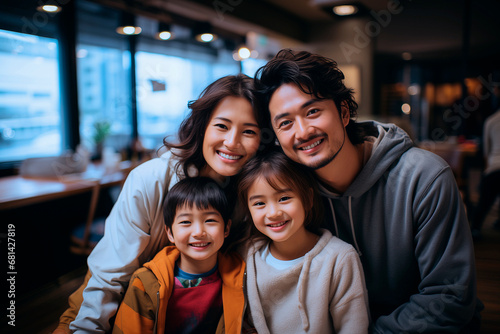 Happy asian family of four, mum, dad, daughter and son, inside of a restaurant.