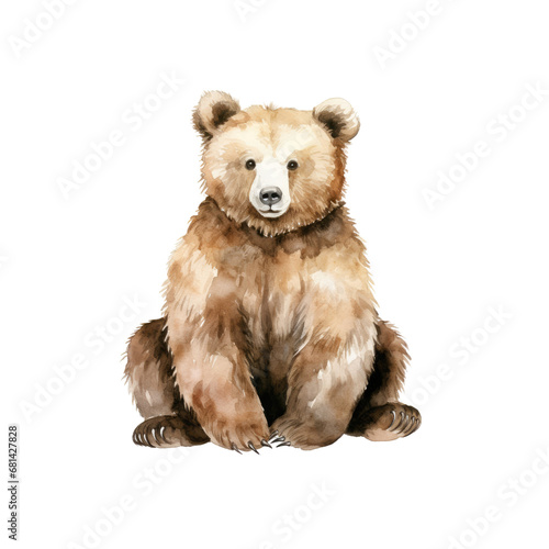 Bear watercolor illustration brown grizzly bear. hand down painted on a white background. PNG 300DPI clipart isolated