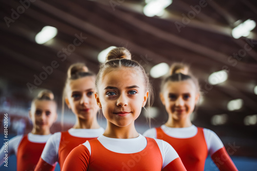 Portrait of young girl gymnasts ready to compete in a stadium, pretty athletic gymnasts looking focused while performing on a national tournament