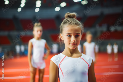 Portrait of young girl gymnasts ready to compete in a stadium, pretty athletic gymnasts looking focused while performing on a national tournament