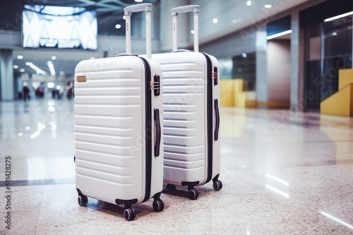 Two suitcases in empty airport hall, traveler cases in departure airport terminal waiting area, vacation concept, concept of traveling with airplane