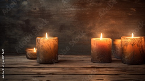 Candles aglow casting soft warm light on a rustic wooden table AI generated illustration