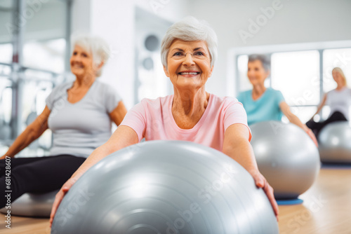 Active senior women doing pilates with soft ball and exercising in a group  staying healthy and fit no matter the age  elderly fit women